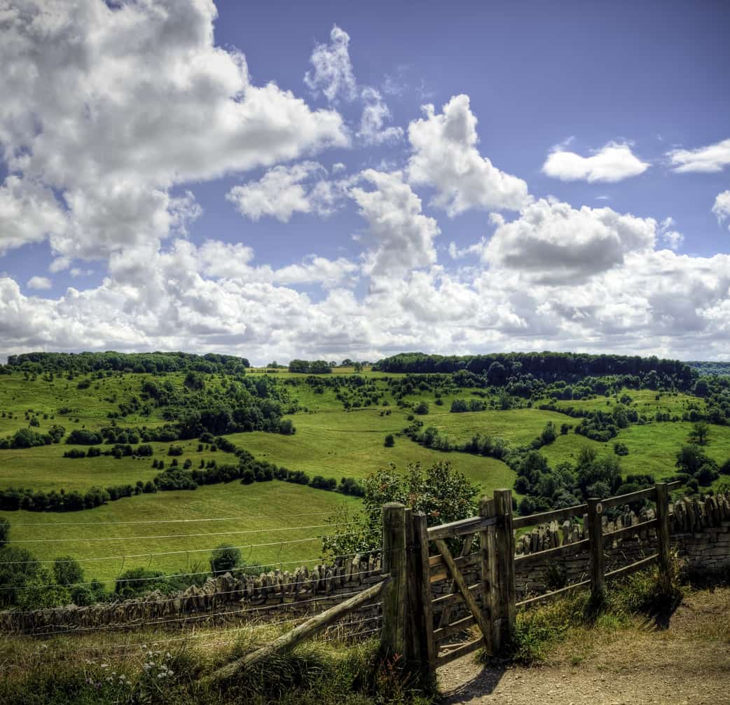 Wooden fence and gate with a backdrop of greenery and hills